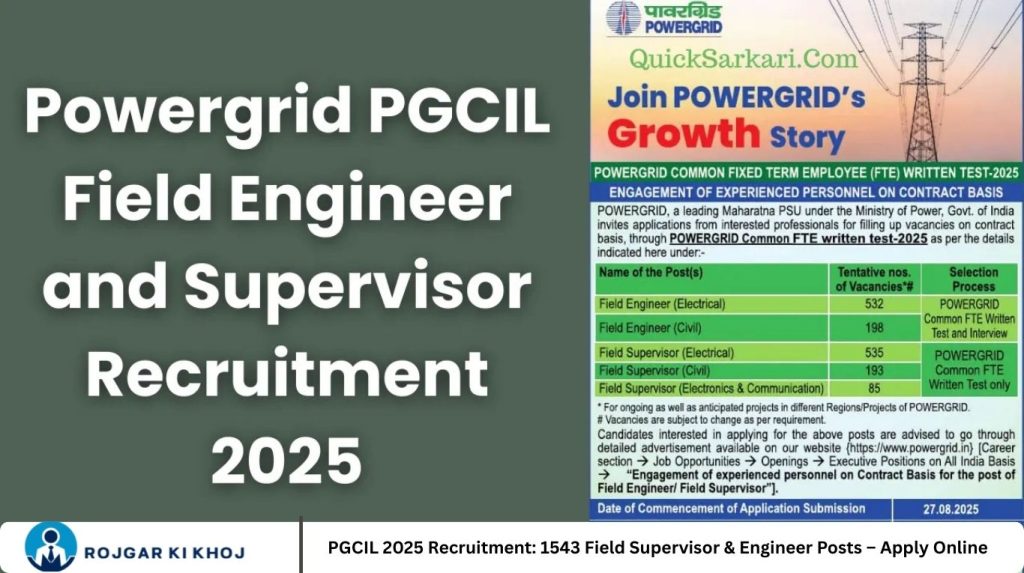 PGCIL 2025 Recruitment: 1543 Field Supervisor & Engineer Posts – Apply Online