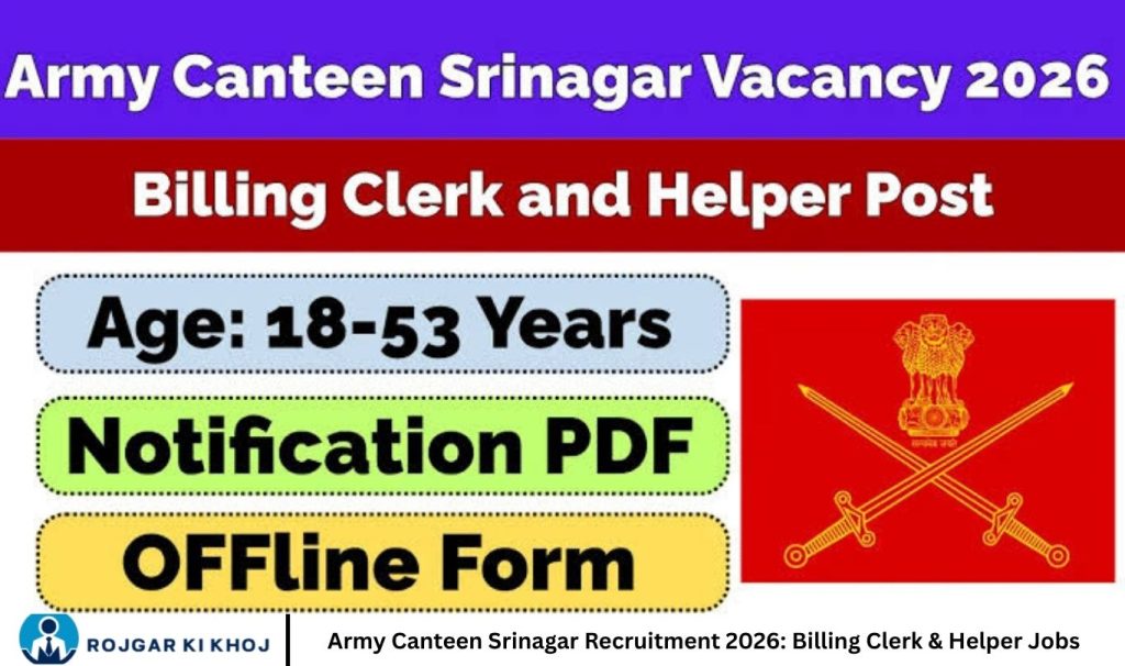 Army Canteen Srinagar Recruitment 2026 Billing Clerk & Helper Jobs
