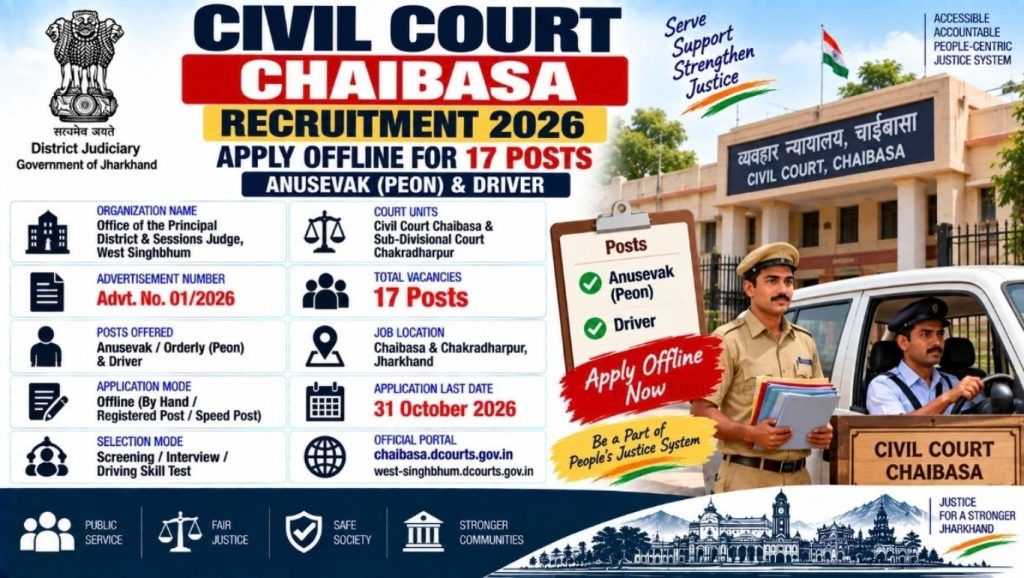 Chaibasa Civil Court Recruitment 2026: 17 Peon & Driver Posts